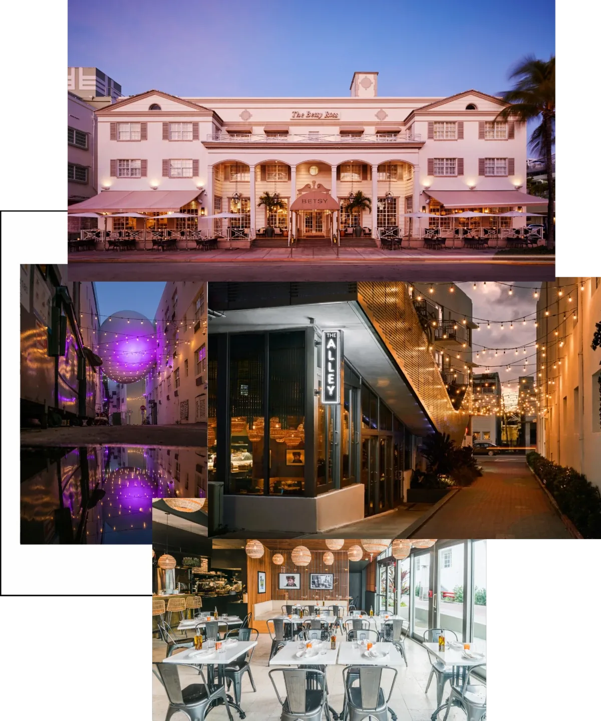 The Betsy Hotel on Ocean Drive at dusk, the string-lit alley beside it, and the dining room of The Alley trattoria