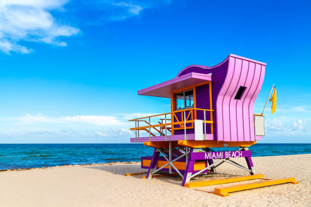 A colorful Miami Beach lifeguard stand on the sand